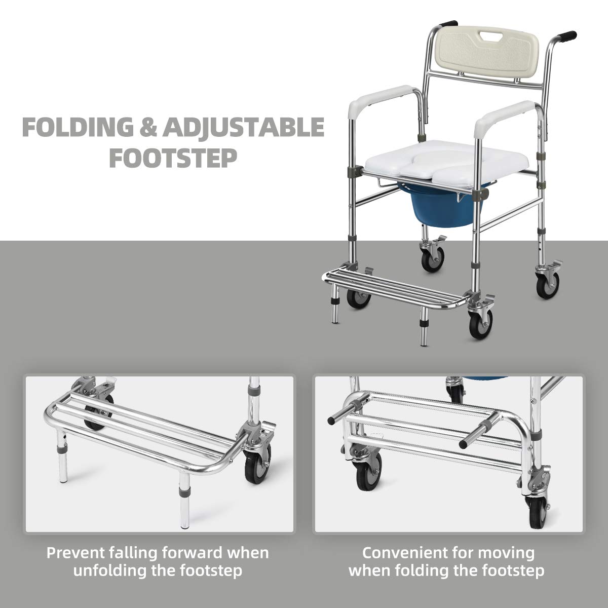 Giantex 3 in 1 Lightweight Shower Commode Wheelchair, Transport Bedside Commode with Wheels