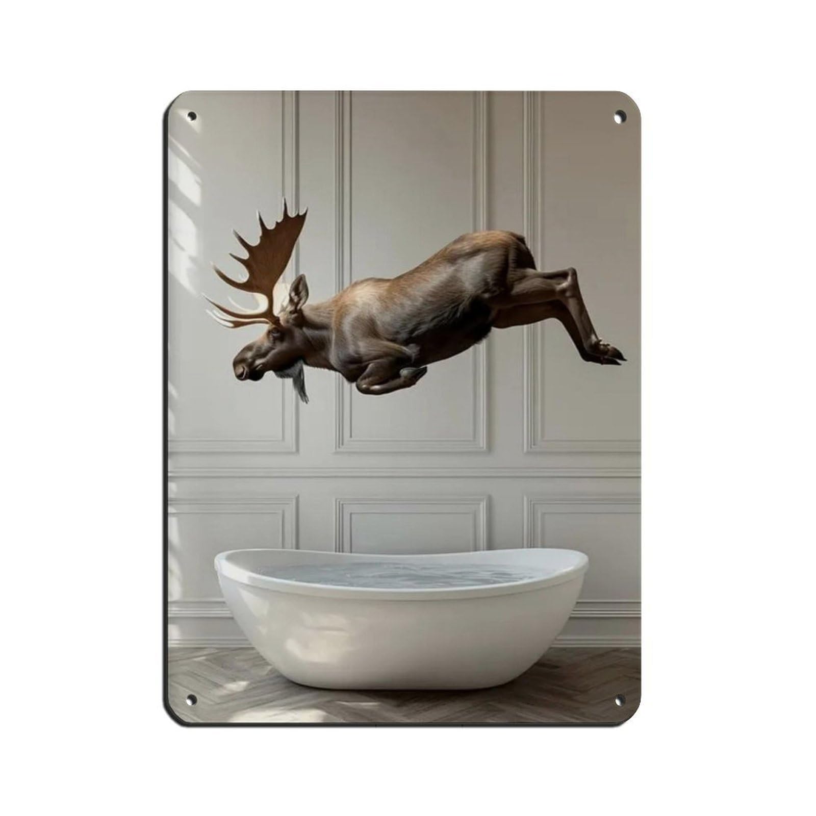 Moose Jumping Into Bathtub, Funny Bathroom Art Tin Sign Vintage Metal Pub Club Cafe Bar Home Wall Art Decoration Poster Retro 12x16inch(30x40cm)