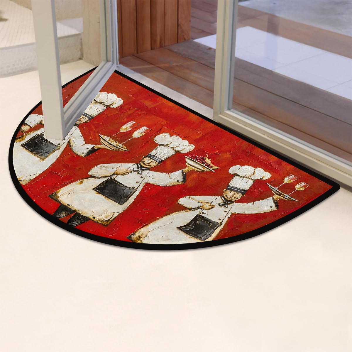 Half Round Doormat Semi Circle Rug Cartoon Chef Red Non Slip Indoor Outdoor Entrance Half Moon Rug Absorbent Durable Washable Front Floor Mat for Kitchen Bathroom Patio Fireplace
