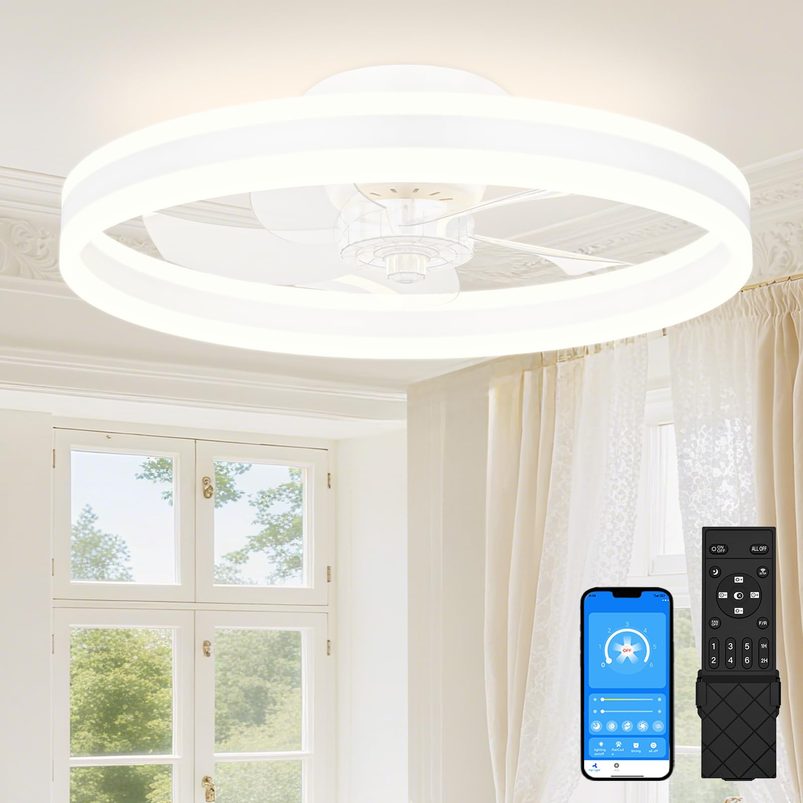 Deckenventilatoren mit Beleuchtung, 50cm Lampe mit Ventilator, 3000K-6500K Dimmbare LED Deckenventilator mit Licht, Deckenventilatorlampe für Schlafzimmer,6-Gang,Timer,Leise, Weiß