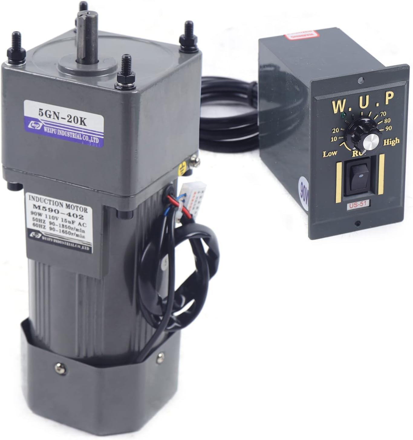 Gear Reduction Electric Motor, 110V AC Gear Motor Single-Phase High Torque Variable Speed Gear Reducer Motor with Speed Controller 0-67RPM 90W 20K(Reduction Ratio 1:20)