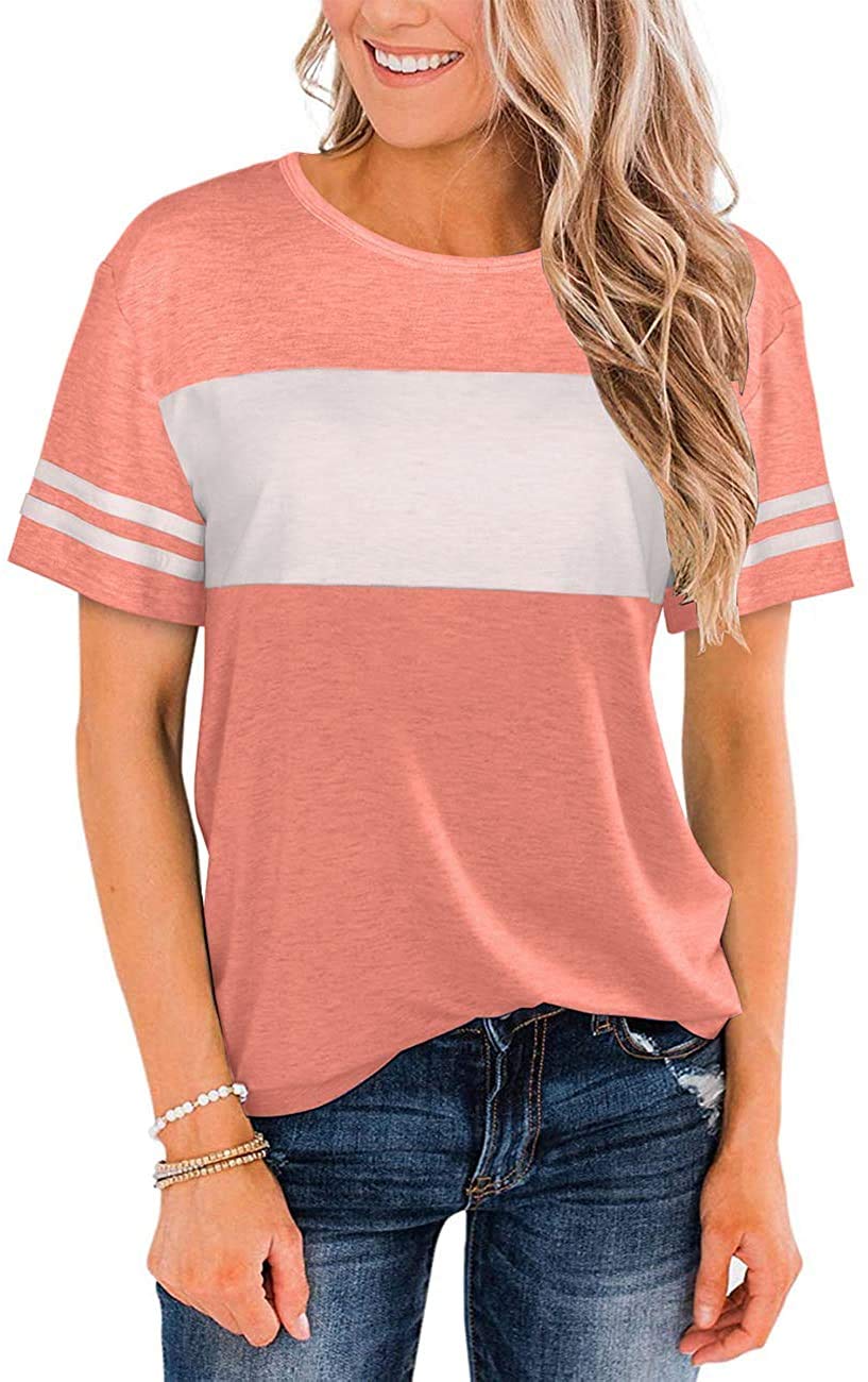 TEARMER Women t-Shirts Casual Summer Solid Color Blouses Pink XL