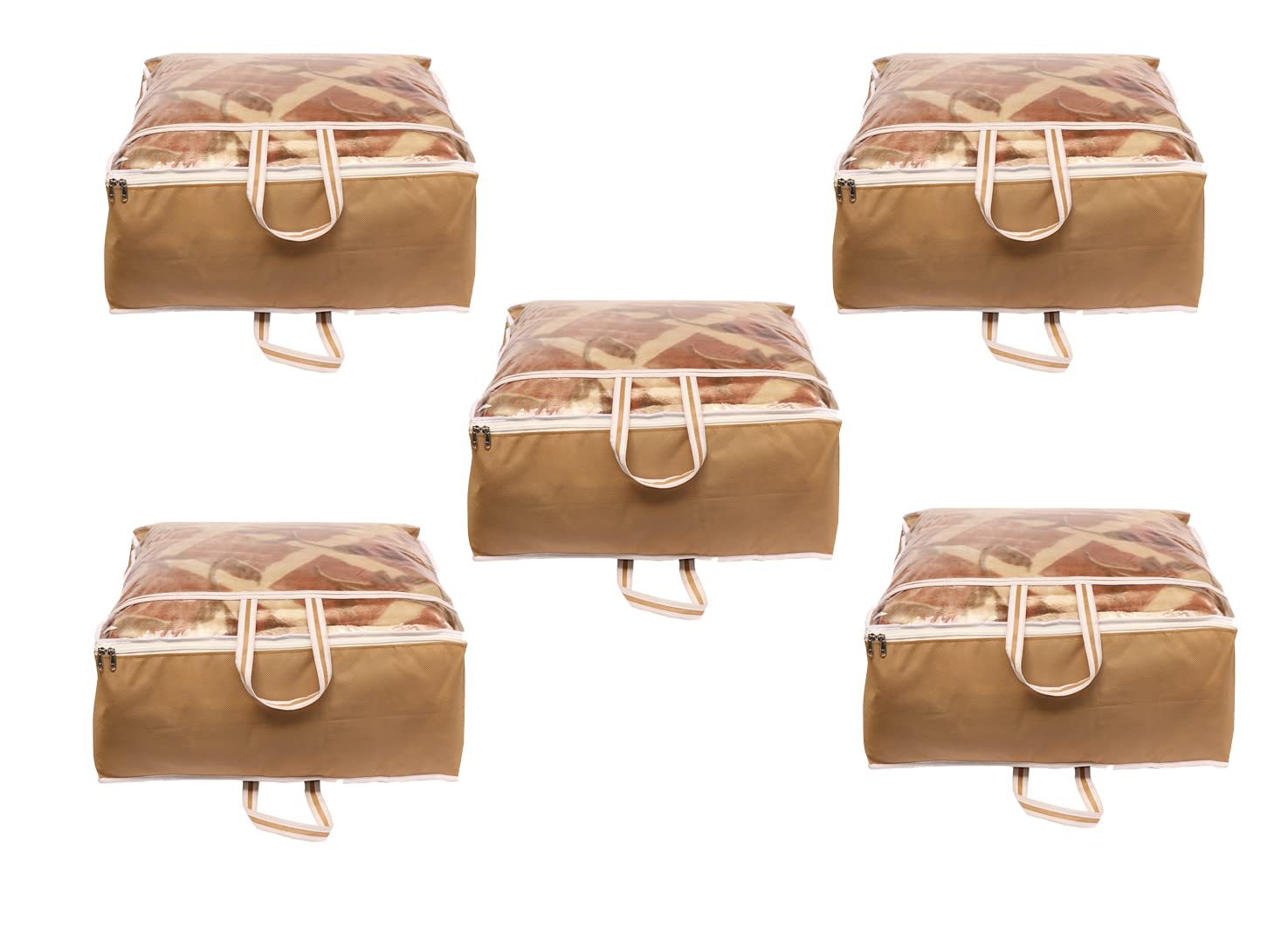 Present Non-Woven Fabric Blanket Storage Bag Large Size Transparent Window with Handle Large Size Storage Bag Cover Under Bed Storage Organisers Set (Beige Pack of 5)-image-43