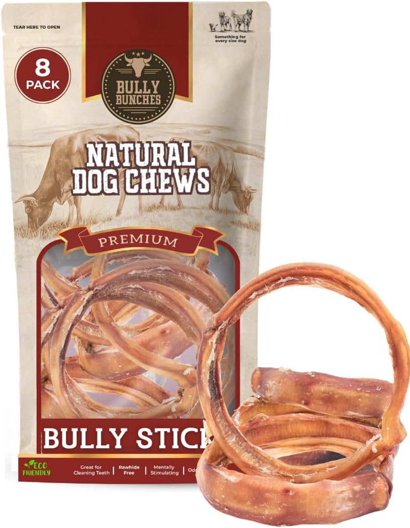 Bully Bunches All Natural Large Bully Stick Rings - Odour Free, Rawhide Free, Chemical Free - Long Lasting Beef Dog Chews - Fully Digestible Treat for Medium & Large Dogs, Pack of 8