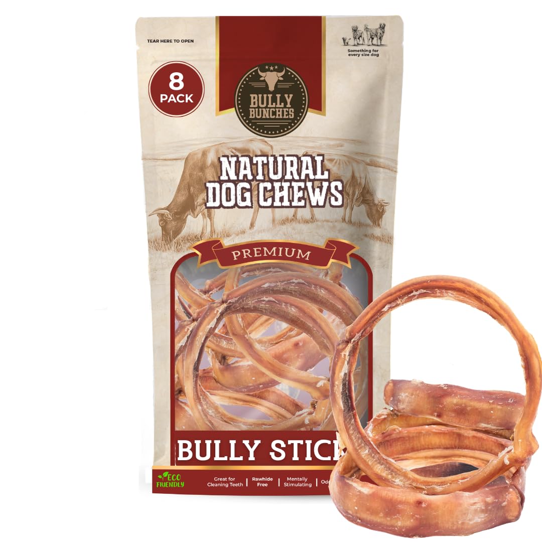 Bully Bunches All Natural Large Bully Stick Rings - Odour Free, Rawhide Free, Chemical Free - Long Lasting Beef Dog Chews - Fully Digestible Treat for Medium &amp; Large Dogs, Pack of 8
