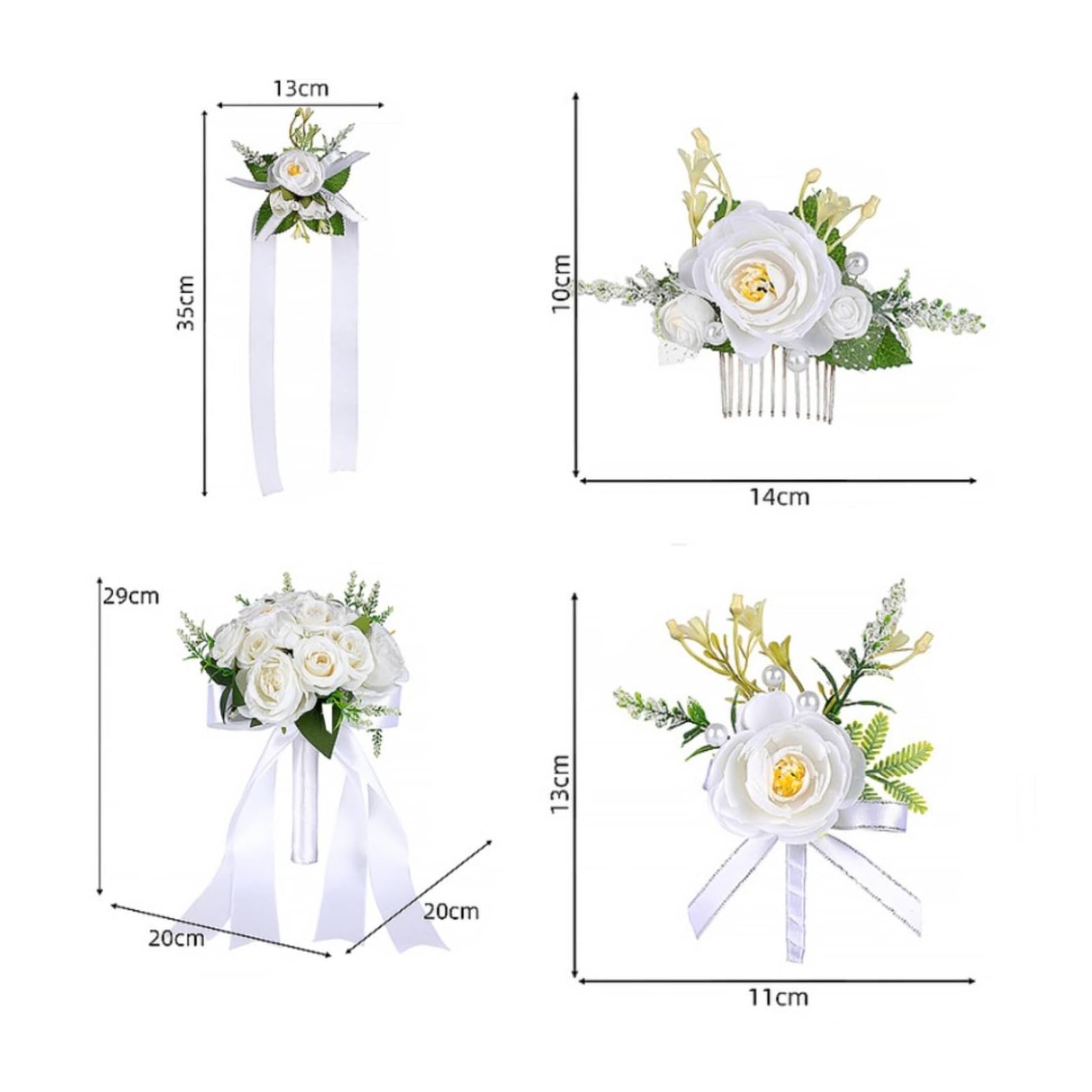 4 Pezzi Bouquet Nuziale Fiori Artificiali Set Matrimonio Composizione Floreale Boutonniere Polsiera Pettinino Leggero con Pettine Metallo Spille