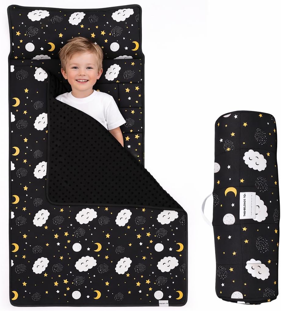 Toddler Nap Mat with Pillow & Minky Blanket – Roll Up Kids Sleeping Bag for Daycare, Preschool Nap Mat for Boys & Girls, Soft Padded Sleeping Mat for Kindergarten Travel & Camping