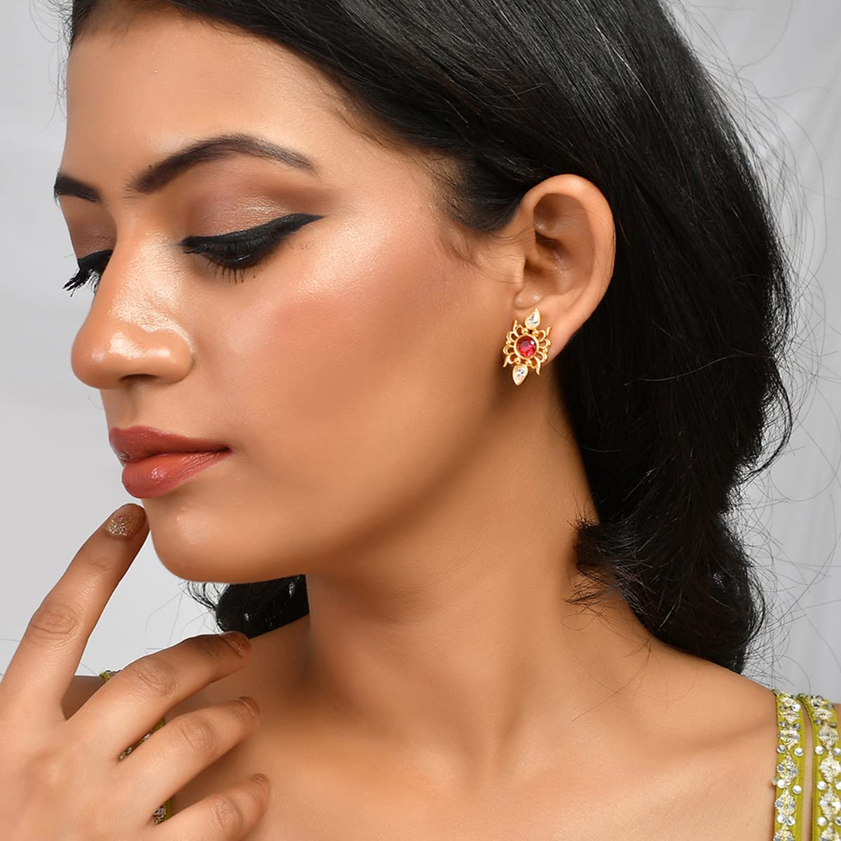 Abharan Red Round Stones Stud Earrings