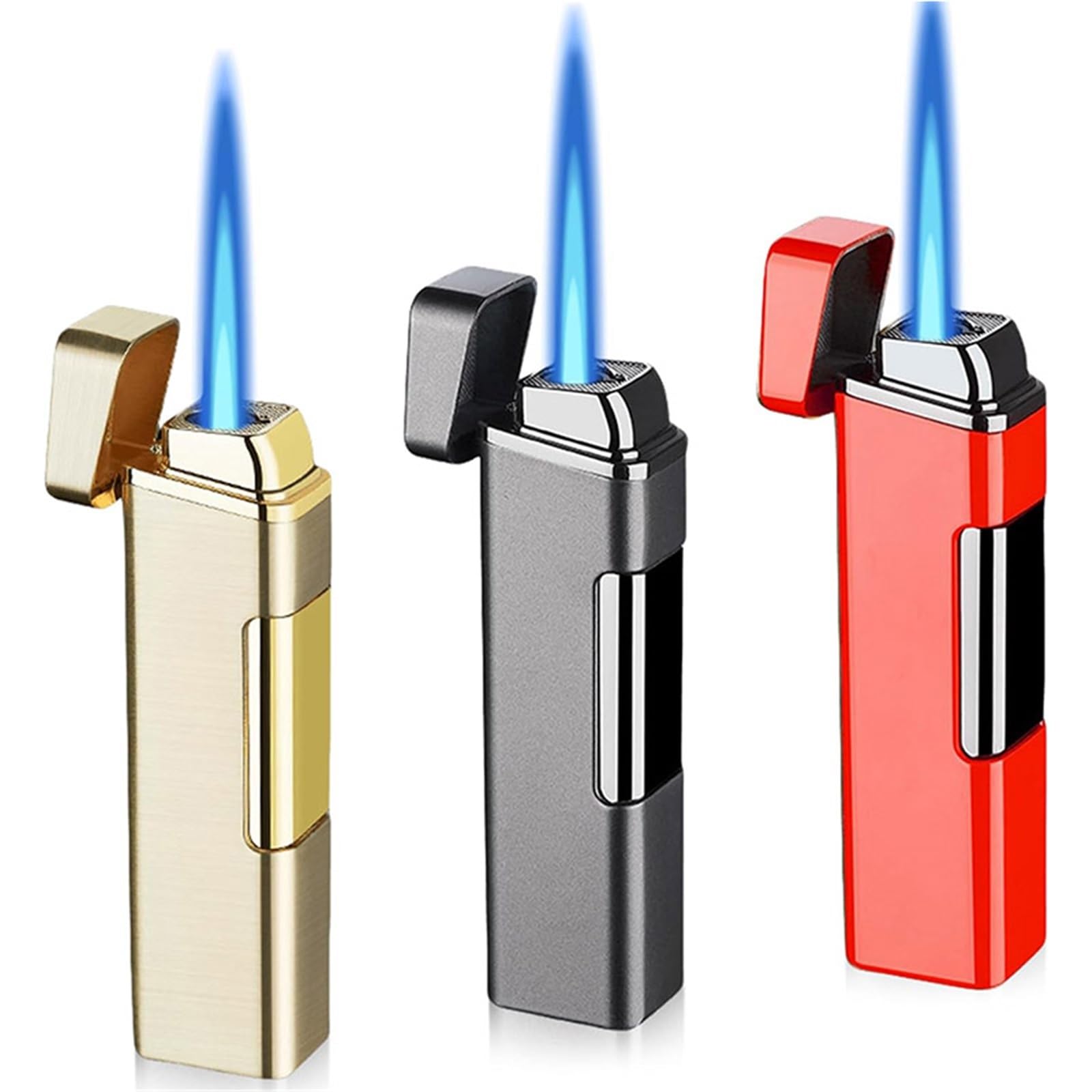 Lot de 3 briquets rechargeables au gaz butane coupe-vent avec flamme réglable, idéal pour la cuisine, le camping, cadeaux pour hommes (gaz non inclus)