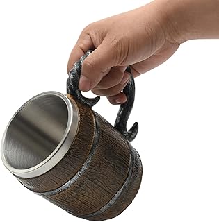 Large Viking Cup Wood Style Beer Stein with Handle, Retro Resin Whiskey Beer Mug, Bar Restaurant Renaissance Accessories, Bar Restaurant Renaissance Accessories(Vintage)