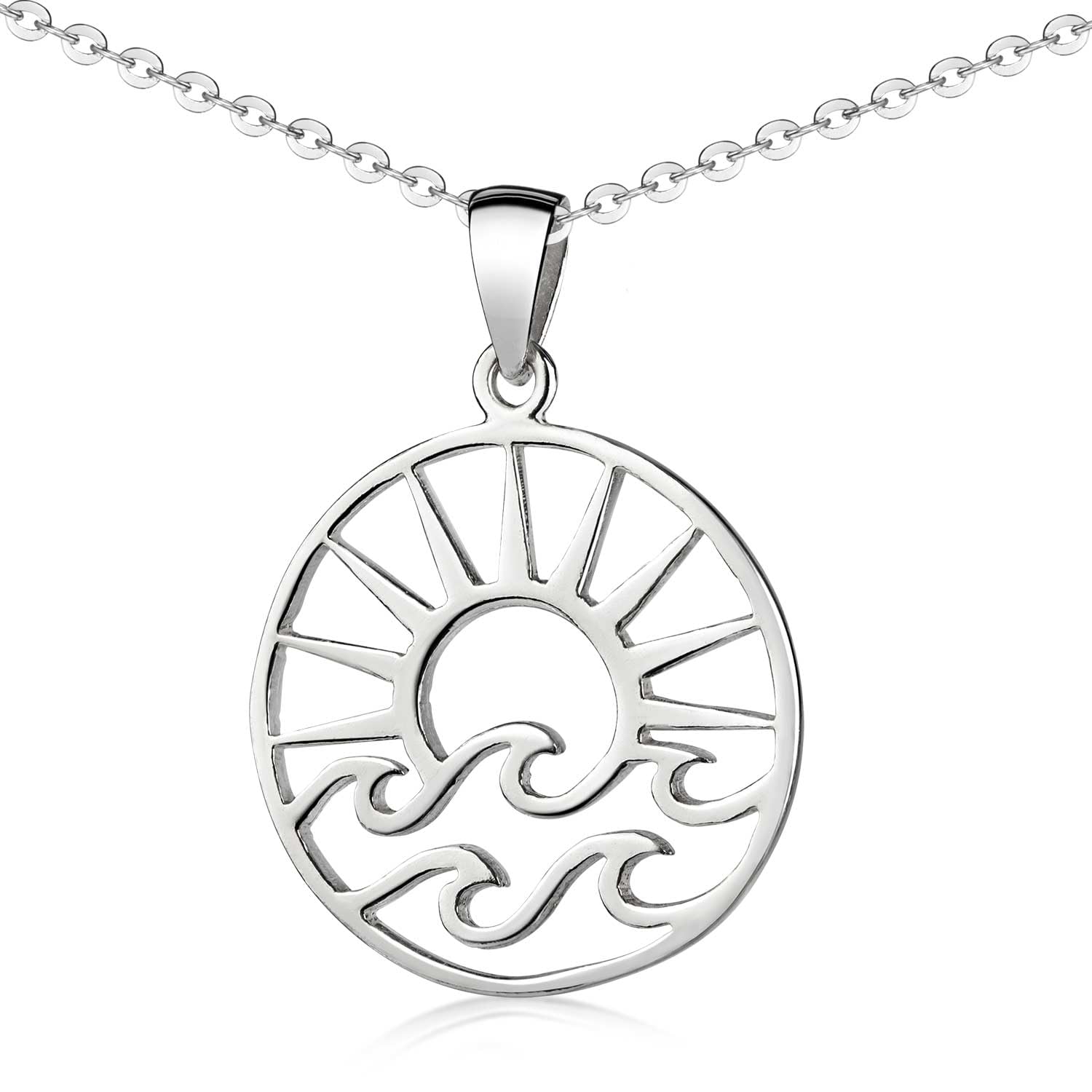 Runder Damen Anhänger Silber 925 mit Sonne und Wellen Motiv | Kettenanhänger Sommer und Meer wahlweise mit Kette inkl. Schmuck Box von MATERIA by Matthias Wagner