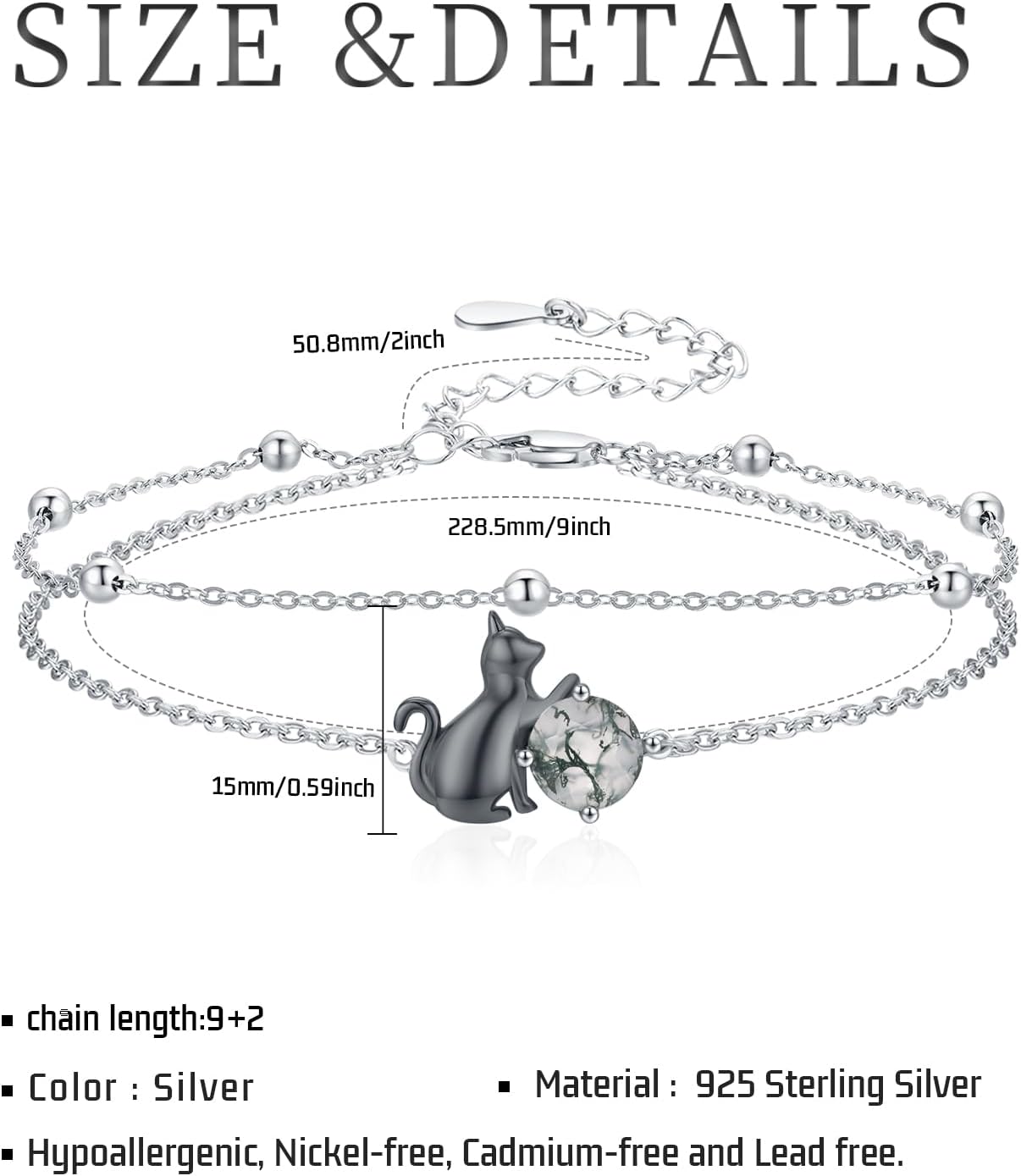 CHENGHONG Cat Starfish Anklet for Women 925 Sterling Silver Starfish Cat Moss Agate Link Anklets Fashion Bracelet Jewelry Gift - Image 3