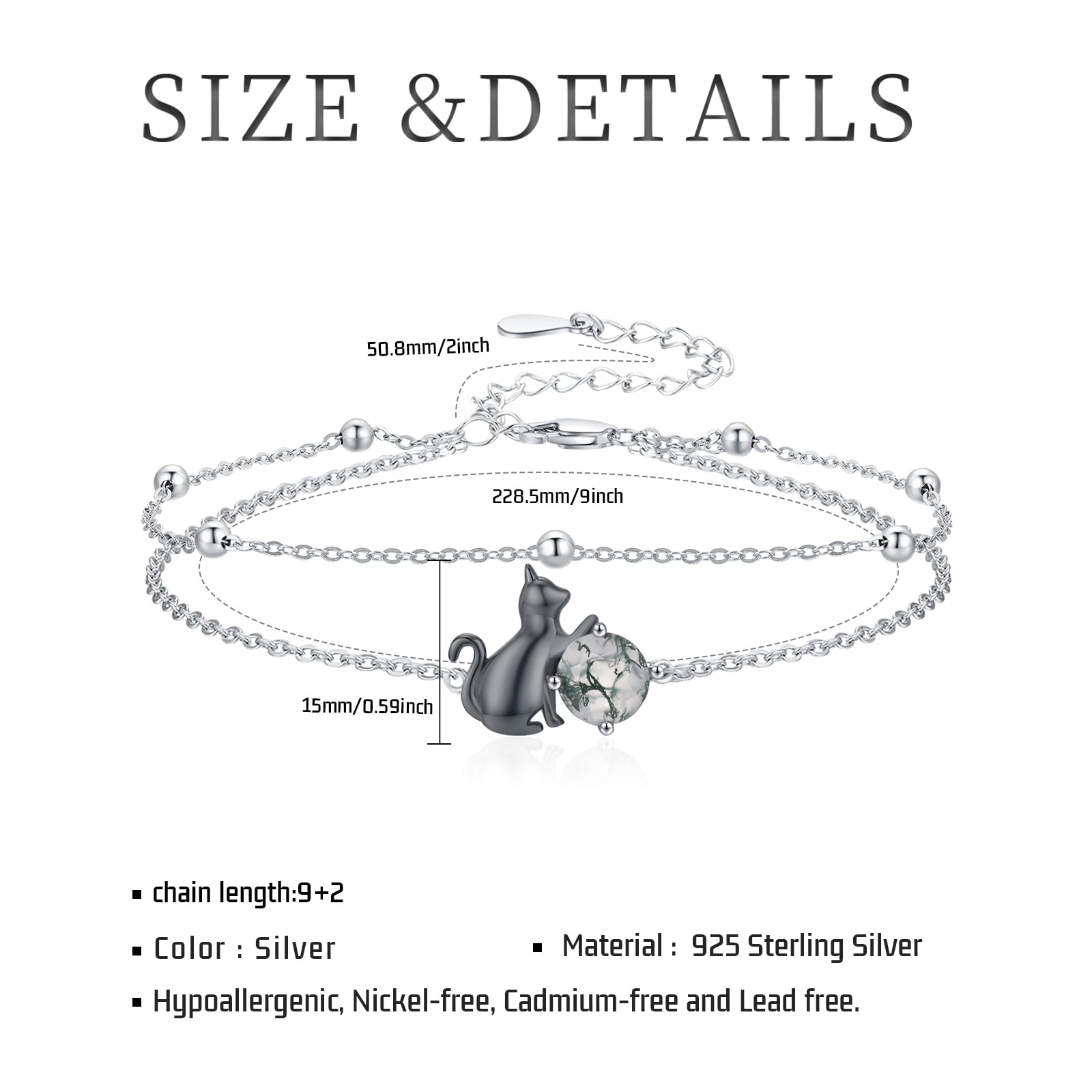 Cavigliera da donna in argento Sterling 925, con gatto nero, agata muschiata, cavigliera alla moda, regalo per gli amanti dei gatti