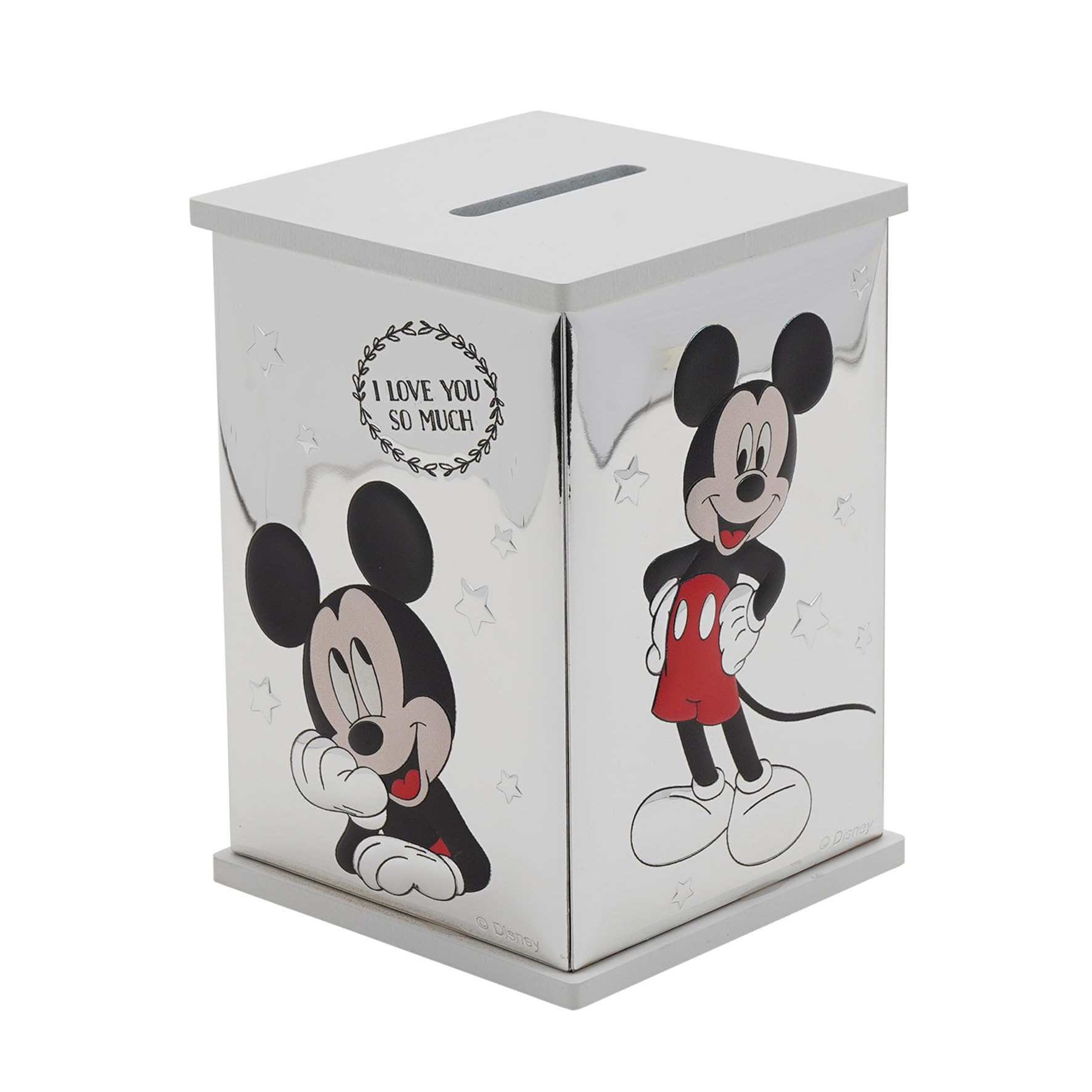 Widdop And Co Silver Disney – Mickey Mouse – Real 999 Plated Money Savings Box – Made In Italy – Licensed Disney Merchandise – Homeware For Cash, Early Years, Adults, Nursery, Kids Bedroom. H: 11 X W: 8 X D: 8 Cm.
