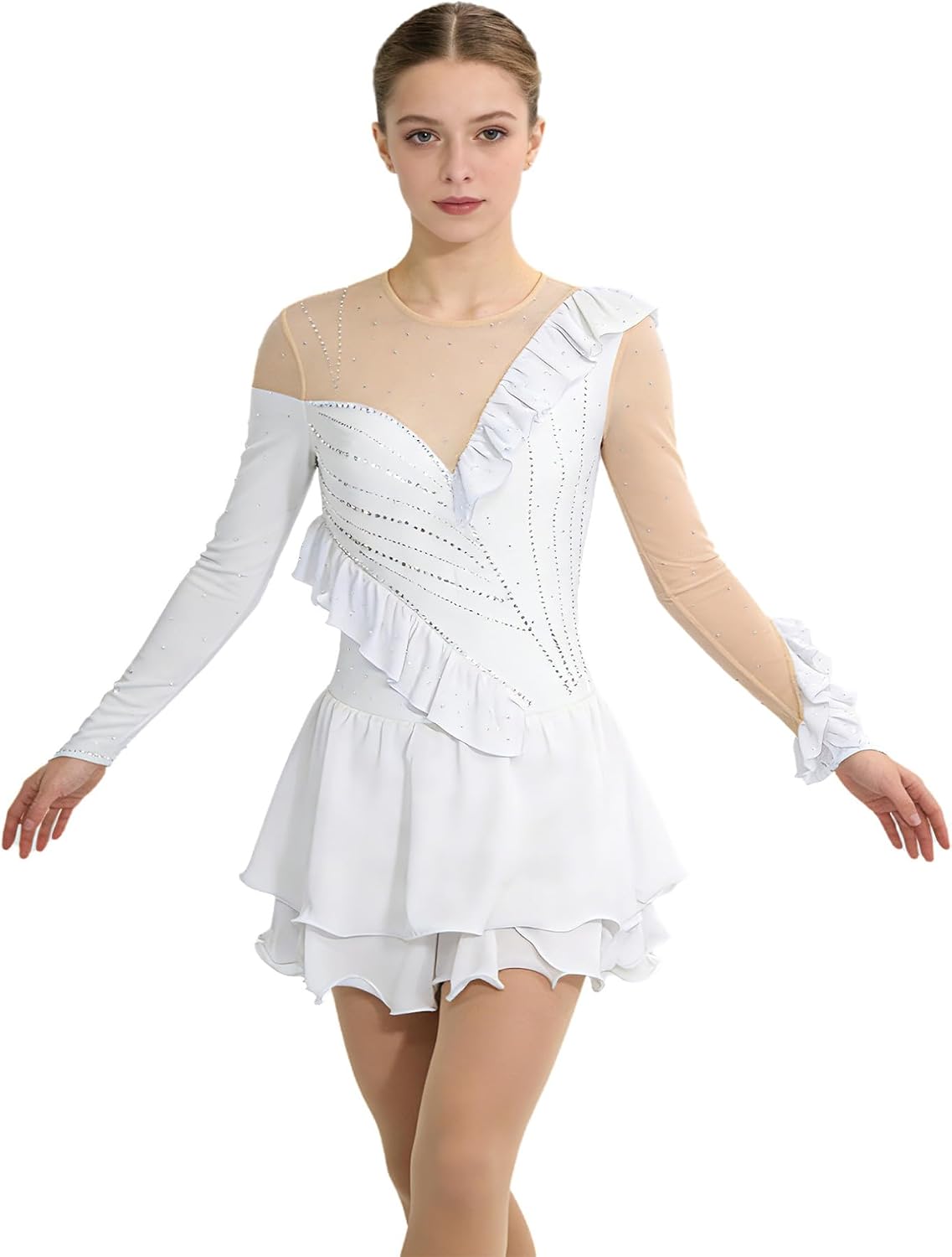 Women Long Sleeved Ruffled Trim Figure Skating Dress Elegant Figure Skating Skirt Competition Costumes