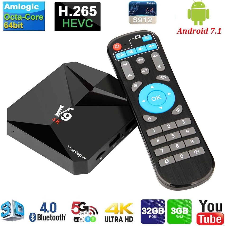 Amlogic S912 64bit Octa-core TV Box Android 7.1, Vasteyu Streaming Media Player 3GB Ram 32GB Rom 4K Ultra HD H.265 Dual-Band WIFI 2.4G/5G BT 4.0