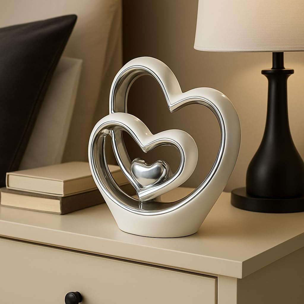 The Enchanted Garden Bringing Gardens To Life Silver, White Silver Heart Ornament – White & Silver Ceramic Decoration – Modern Couple Sculpture – Wedding Gift – Ornaments For Living Room (25.5Cm)