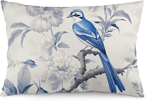 Funda de almohada floral vintage de 12 x 20 pulgadas, diseño de flores, pájaros, acuarela, funda de cojín súper suave con cremallera oculta, funda