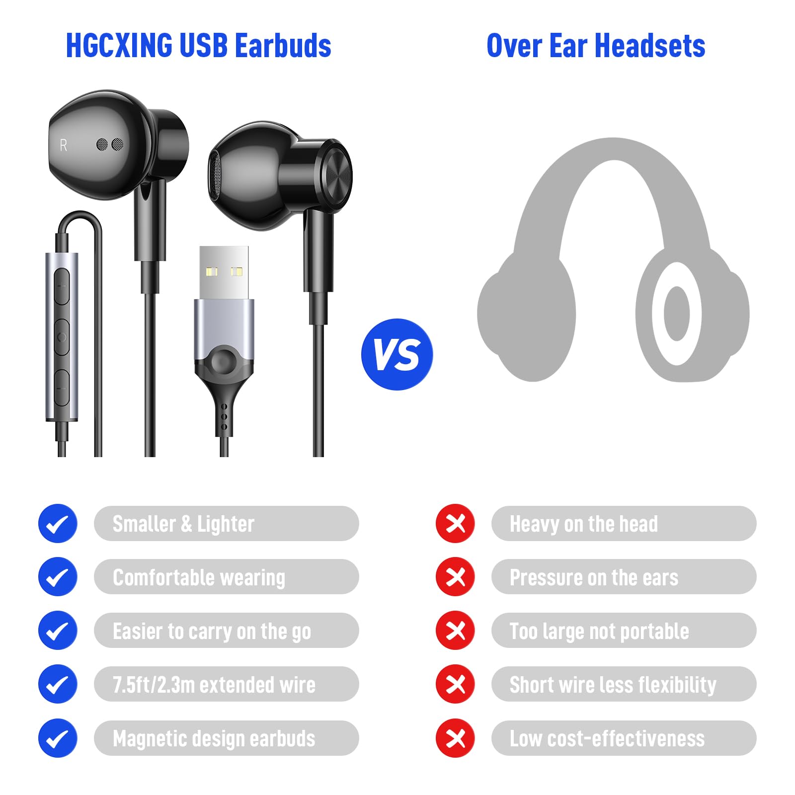 USB Headphones With Microphone For PC USB A Earbuds For PS5 Computer 2.3M Cord Magnetic In-Ear Headset Audio Control Mute Function For Laptop Desktop Notebook Headset For Office Live Broadcast Gaming - View #9