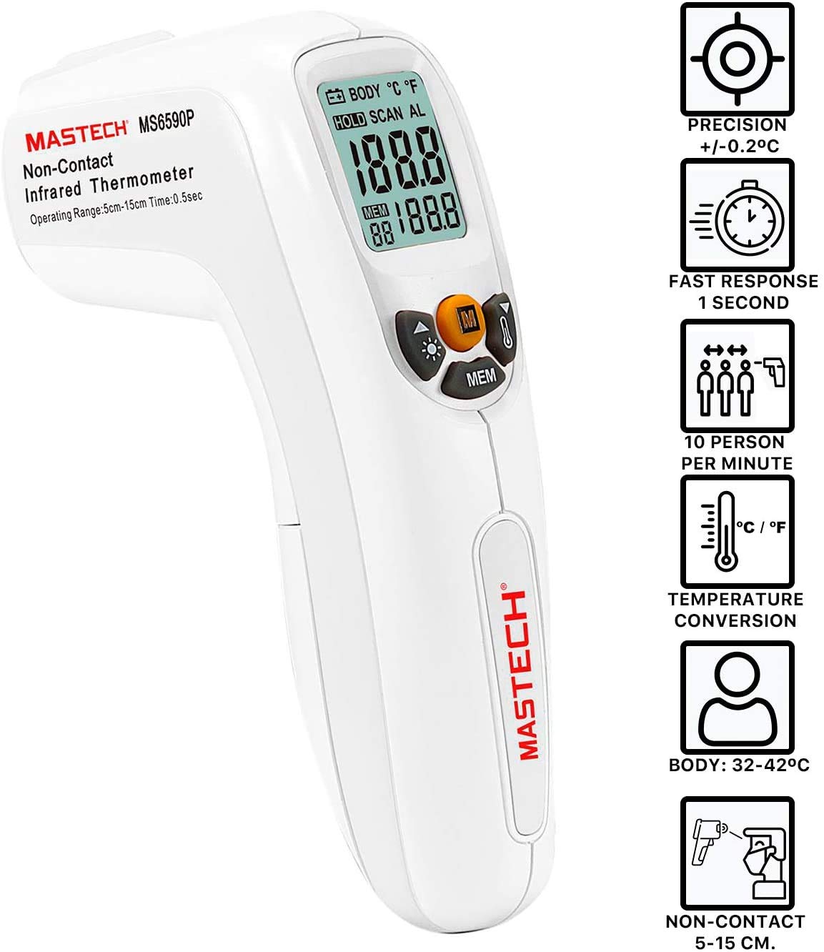 Mastech MS6590P Termómetro infrarrojos digital Sin Contacto mide temperatura corporal en personas para temperaturas entre 32º-42º