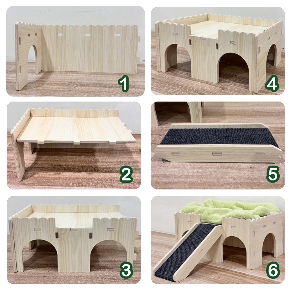 Meerschweinchenversteck aus Holz mit Rampe, 4 Eingänge, mit weichem Pad, 9 mm Holz, für Meerschweinchenhaus, Hasenversteck