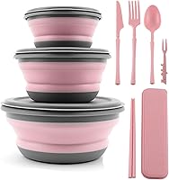 YAOBVIS Collapsible Silicone Bowls Set, 3 Pack Food-Grade 10oz 20oz 34oz with Leakproof Lids & Utensils for Camping Travel Picnic Pink