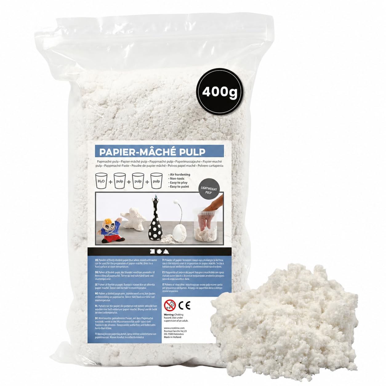 Creativ Company Papier‑Mâché Pulp 400 g – Pre‑Adhesive Fine Paper Powder for Lightweight Sculpting & Moulding – Clay‑Like Craft Paste
