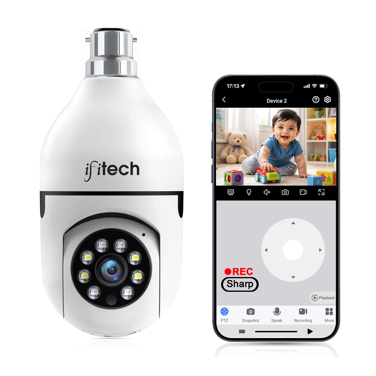 IFITech 1080p (2MP) HD Smart Wi-Fi CCTV Home Security Camera | Indoor 360° Smart CCTV Camera | Bulb Camera | 256GB SD Card Support (Not Included) | Perfect for Home, Office Monitoring