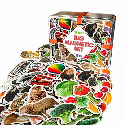 magdum Imanes Nevera niños Animales+Frutas+Verduras+Transporte - 110 Grandes imanes Bebes - Montessori Bebe - Animales de Juguete - Juguetes Bebes - Juegos educativos niños - Regalo Bebe - Iman Cover