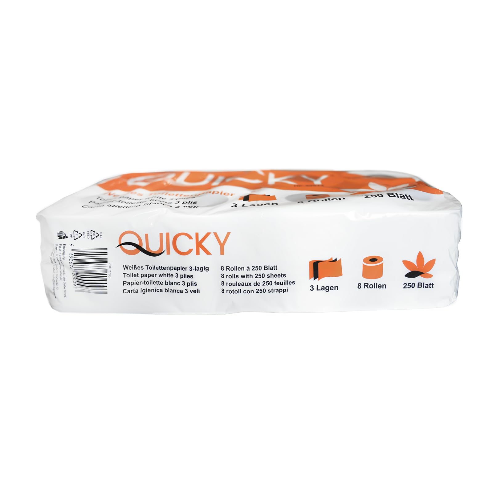 Quicky Papier toaletowy z wytłoczonym motywem, 48 rolek papieru toaletowego, opakowanie na zapasy, bardzo miękki i odporny na rozerwanie, wykonany z wysokiej jakości super białej celulozy, 3-warstwowy, 250 arkuszy (6 x 8 rolek)