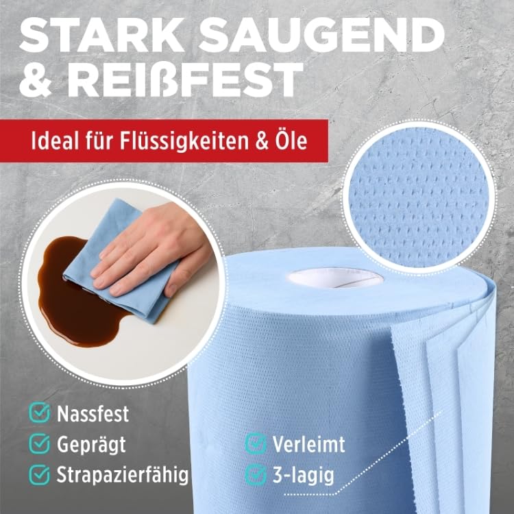 TECPO Putztuchrolle Blau 2x 500 Blatt gesamt 1000, 3-lagig, perforiert, saugstark, Putzrolle Papierrolle Reinigungstücher Wischtücher Putzpapier für Gewerbe