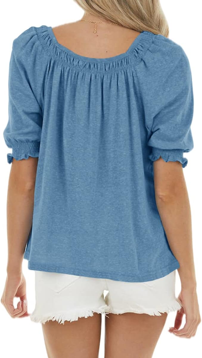 Womens Casual Square Neck Puff Half Sleeve Tops Pleated Loose Basic Summer T Shirts Blouses - Image 3