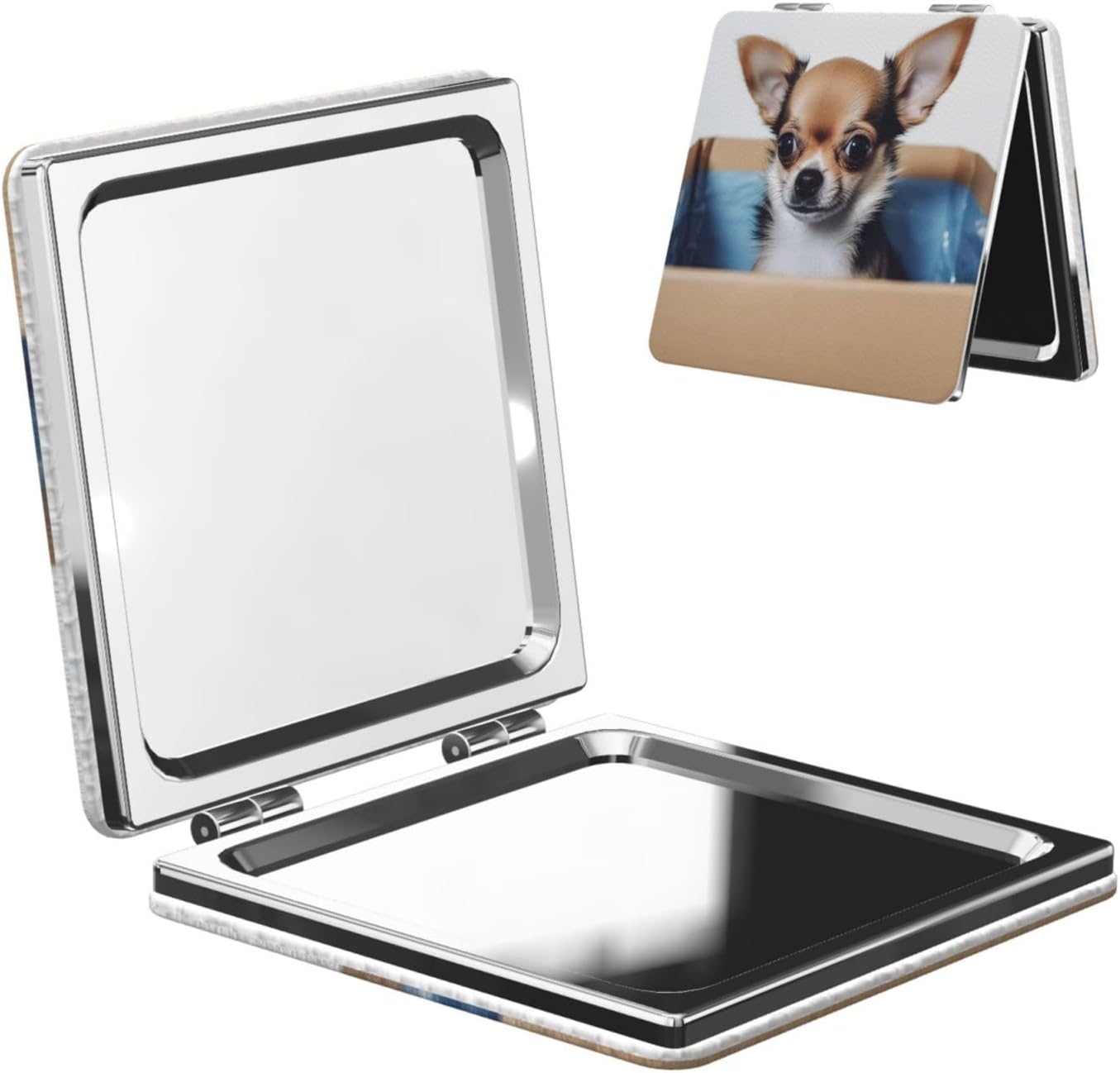 Dog in The Box Compact Mirror for Purse, Pu Leather Travel Makeup Mirror with 2X/1X Magnification, Foldable Cosmetic Mirrors, Portable Small Handheld Beauty Mirror for Woman Girls