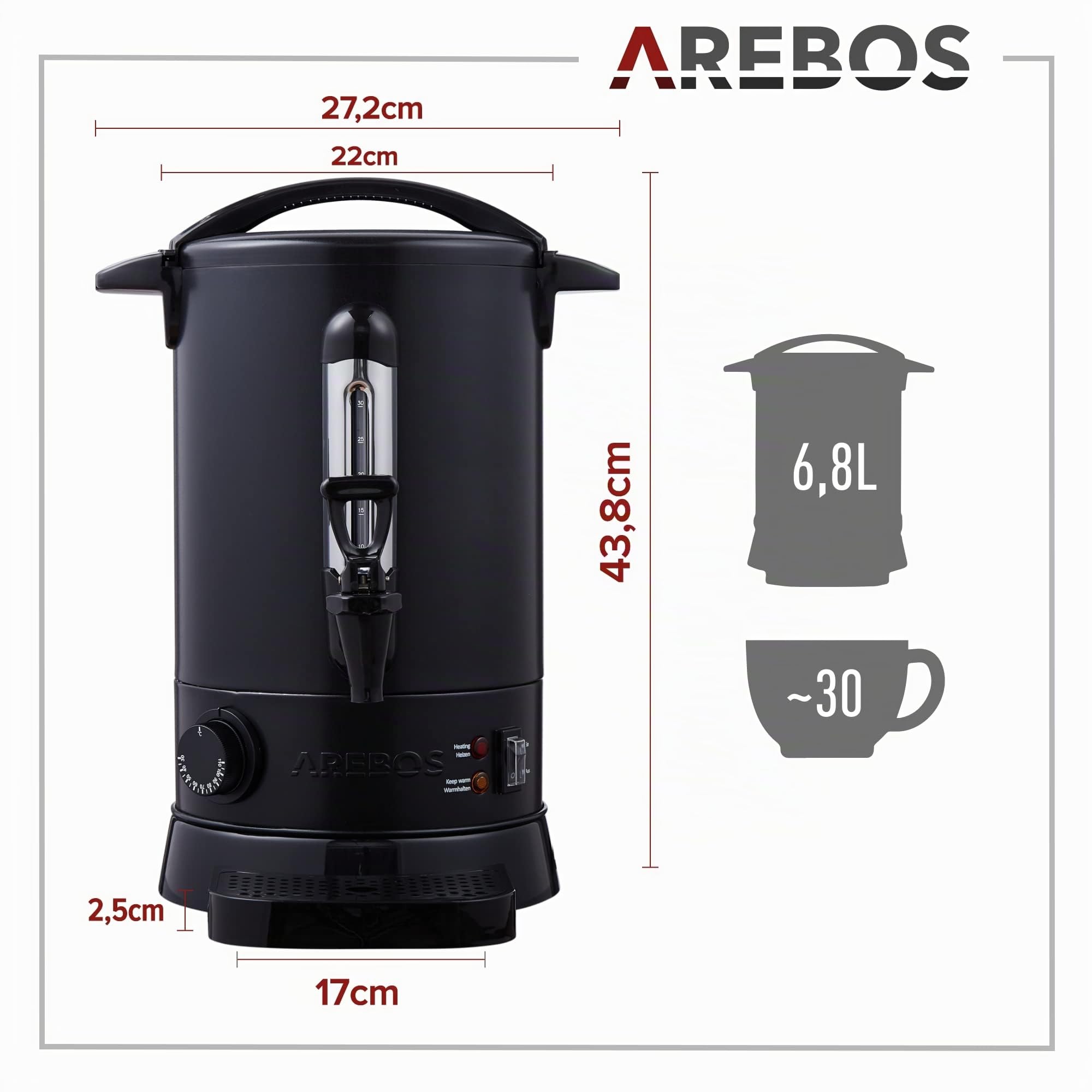 Arebos Distributeur de Boisson Chaudes 950W | Chaudière à eau 6,8L 30 Tasses | Marmite à Vin Chaud en Inox |Thé Café Soupe Dispositif de réchauffement |Thermostat | Réglage de la température 30-110°C