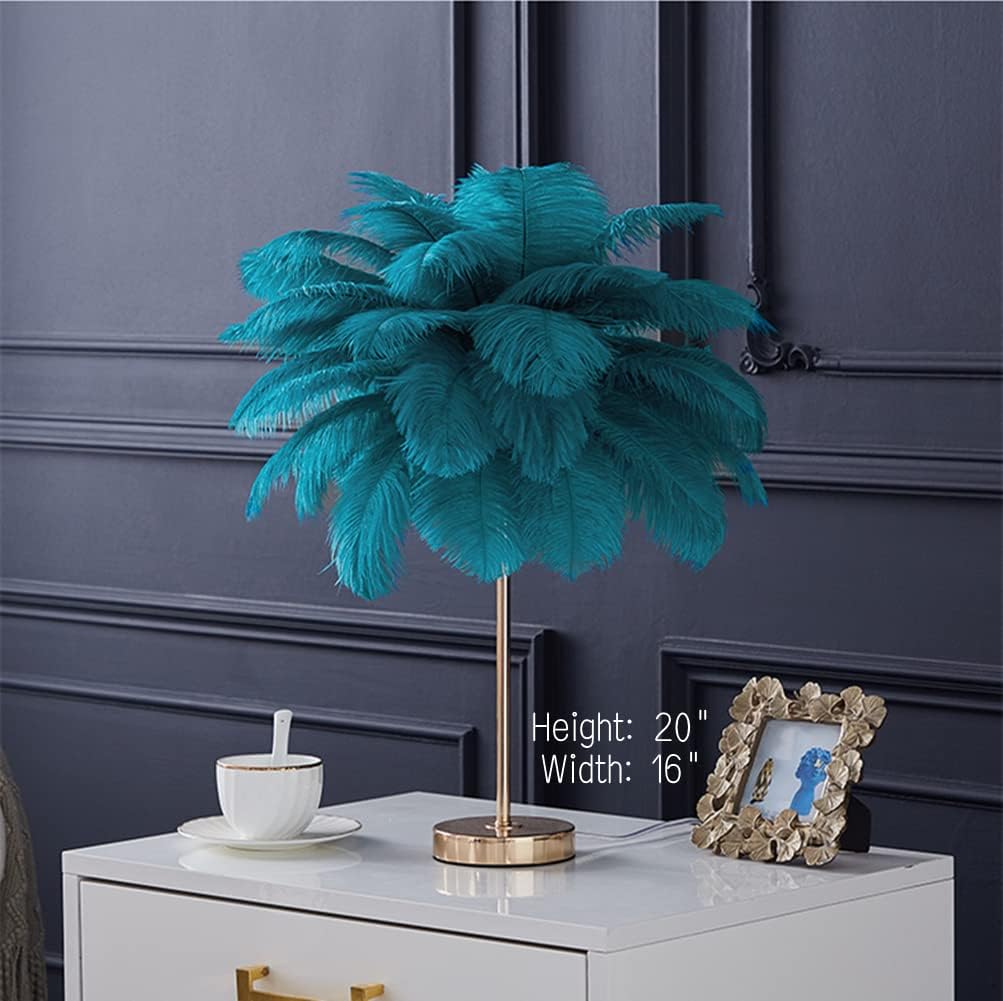White Ostrich Feather Lamp,3-Color Temperatures Table Lamps for Girls Bedroom Funky Unique Cute Bed Side Nightstand Gold Desk Light (Blue-Green)