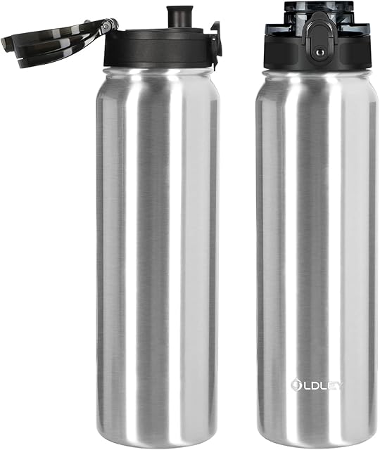 OLDLEY Stainless Steel Water Bottle 1L Vaccum Insulated Large Drink Flask Metal Water Bottles 1 Litre Leakproof Keep Drinks Hot Cold for Bike Camping Sports Gym (1 Lid)