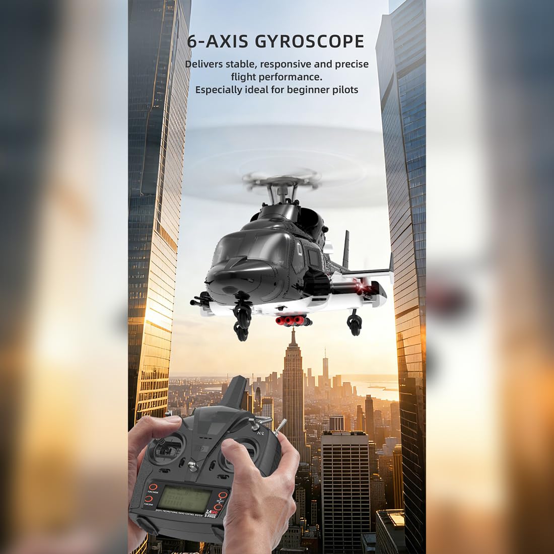 YUXIANG F02-V - Elicottero radiocomandato in scala 1:34, 2,4 GHz, 6 canali, senza rotore posteriore, resistente al vento, con illuminazione, motori brushless, stabilizzazione giroscopica