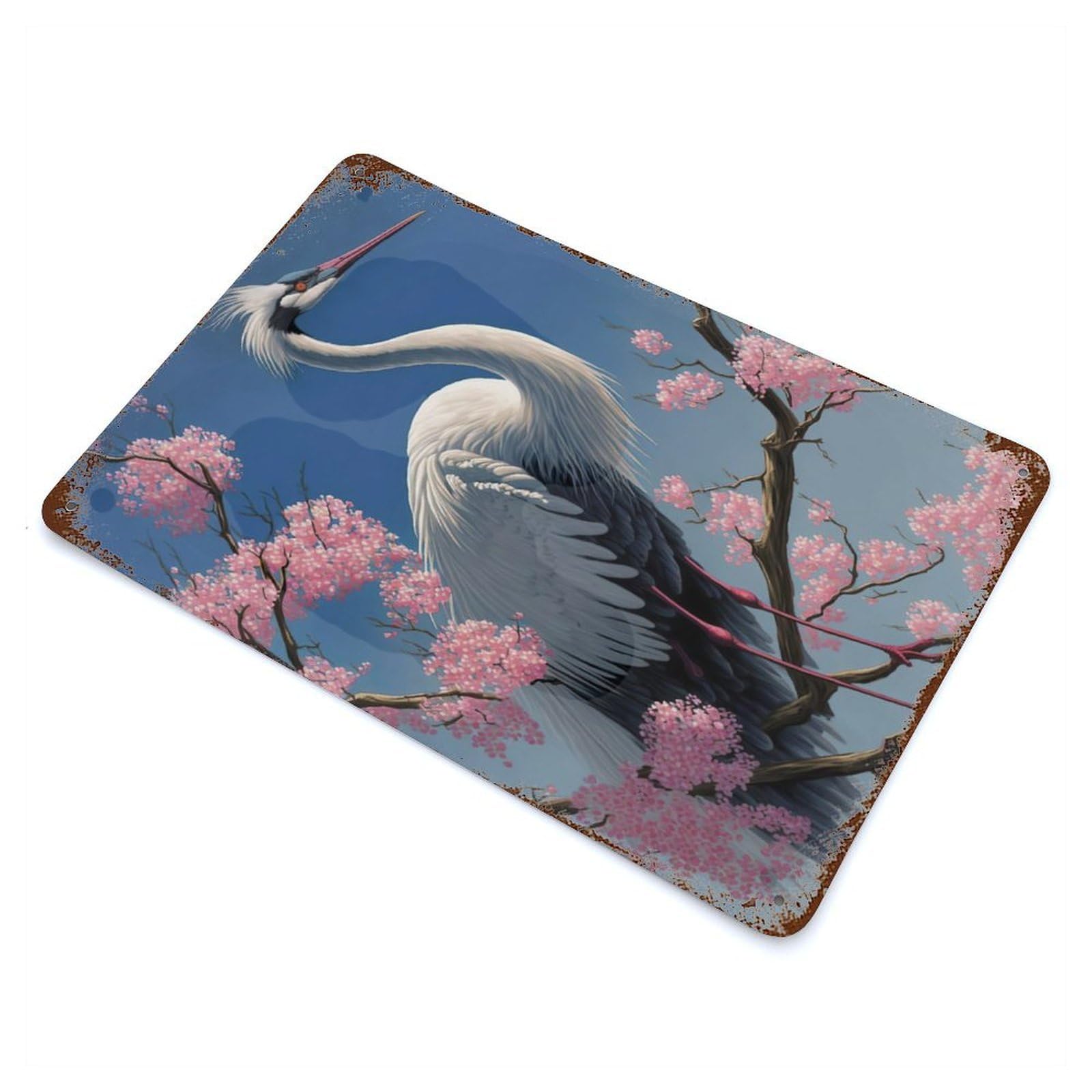 Rust Effect Crane Sakura Flowers Japan Distressed Metal Wall Sign 11.8"x7.9", Decorative Metal Wall Art for Living Room, Hallway And Home Decor