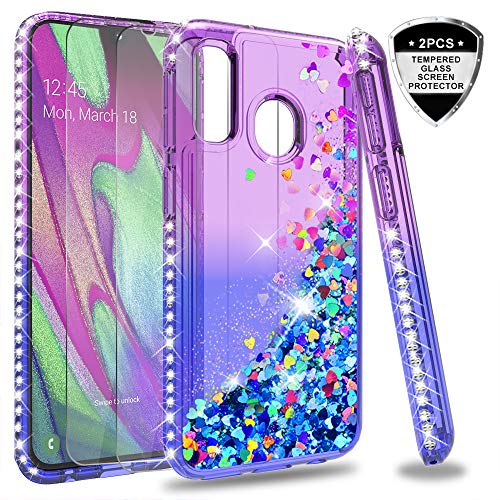 LeYi Funda Samsung Galaxy A40 Silicona Purpurina Carcasa con [2-Unidades Cristal Vidrio Templado], Transparente Cristal Bumper Gel TPU Fundas...