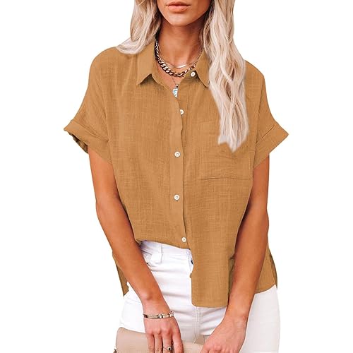 Paintcolors Women's Casual Short Sleeve Button Down Shirts Cotton Blouses V Neck Casual Tunics Solid Color Tops with Pockets