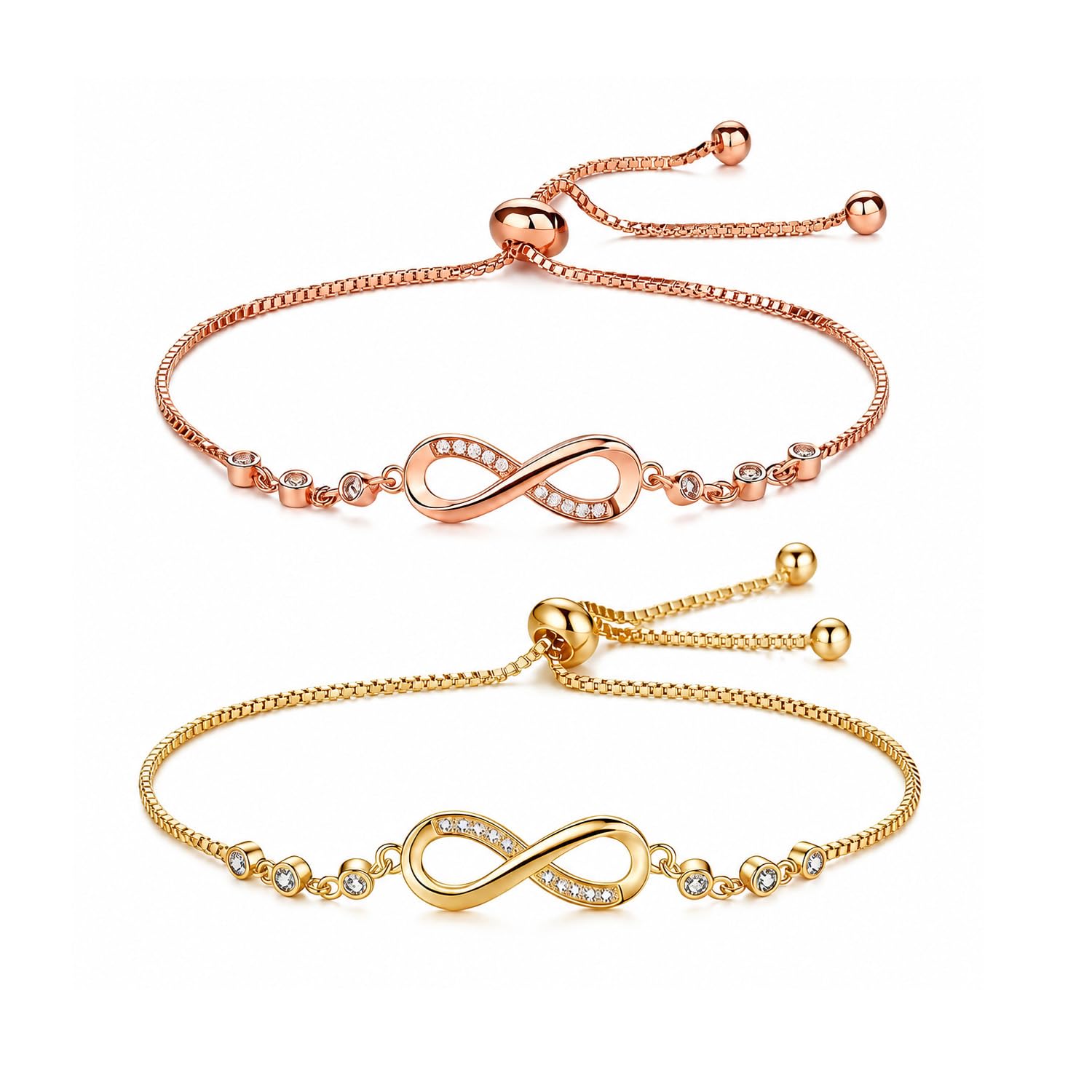 2 Pcs Infinity Bracelets for Women Stylish Latest, Adjustable Bracelet for Women with Cubic Zirconia Infinity Charm, Gold & Rose gold bracelet for womens, Jewelry for Gift Set-image-1