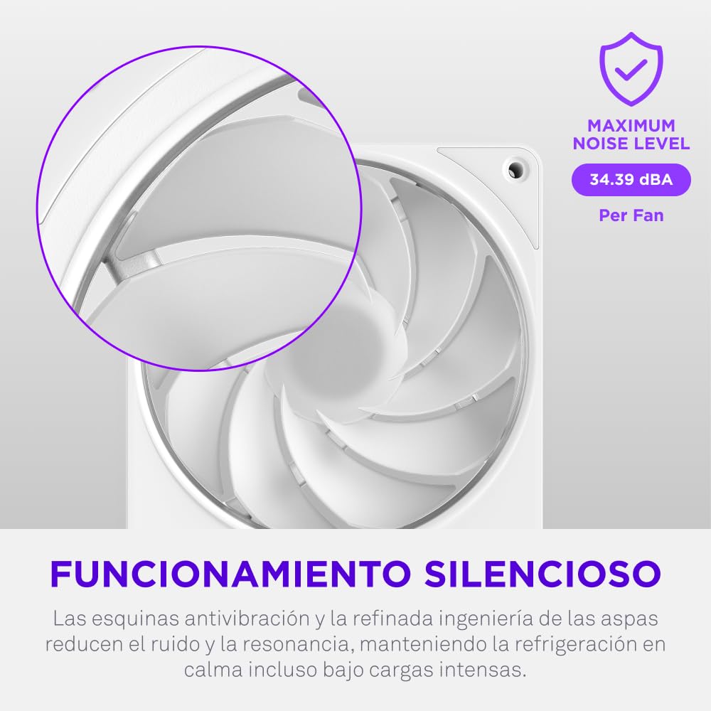 NZXT F360 RGB Reverse - Ventilador Inverso Marco Único 360mm - Blanco | Unidad de marco único de 360mm con tres ventiladores RGB PWM de 120mm de aspas invertidas. Flujo de aire limpio para vitrina.