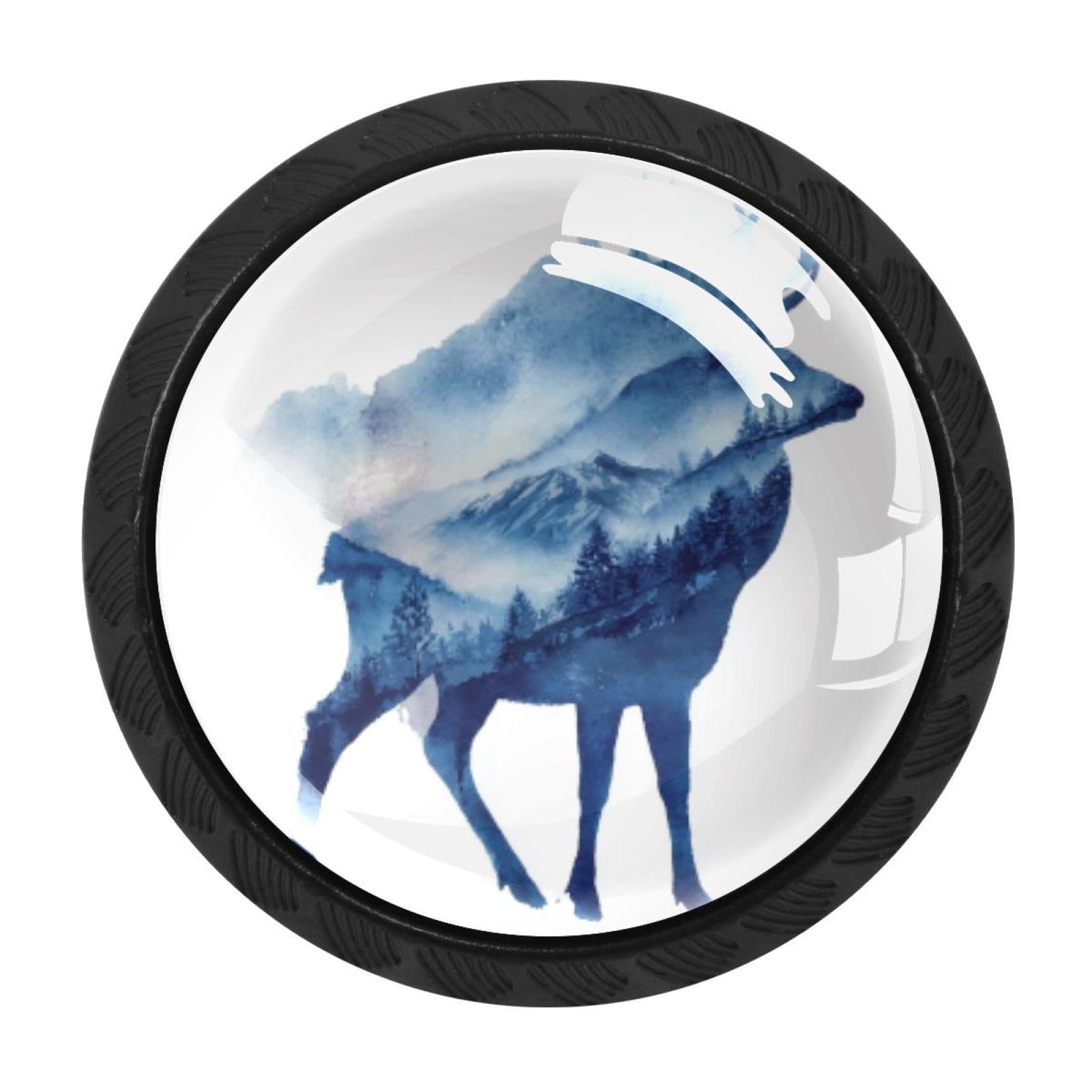 CHENZZZZ 4 pcs Watercolor Mountain Deer (14) Cabinet Knobs Crystal Drawer Pulls for Kitchen, Bathroom Cabinet, Dresser and Cupboard
