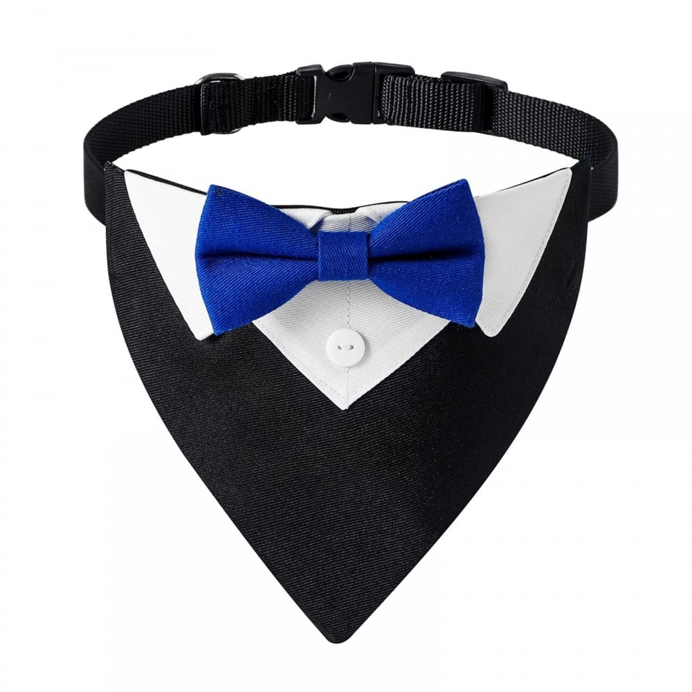 Dog Tuxedo Collar, Adjustable Dogs Formal Tuxedo with Bow Tie and Neck Tie for Small Medium Large Dog, Black, blue bowtie