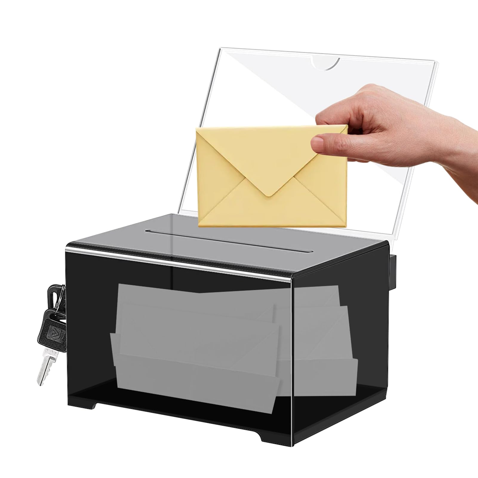 Caja de Donación de Acrílico: Urna de Acrílico con Cerradura, Caja de Donación con Llave, Urna con Soporte para Carteles, Caja de Donación para Comentarios, 155 x 109 x 96 mm, Negro