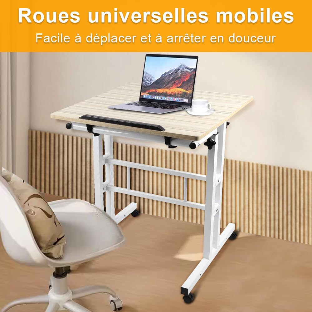 SogesPower Petit Bureau Mobile pour Ordinateur, Table Bureau Ordinateur avec Roues Verrouillables et Plateau pour Clavier, 60 x 46 x 73 cm, Marron