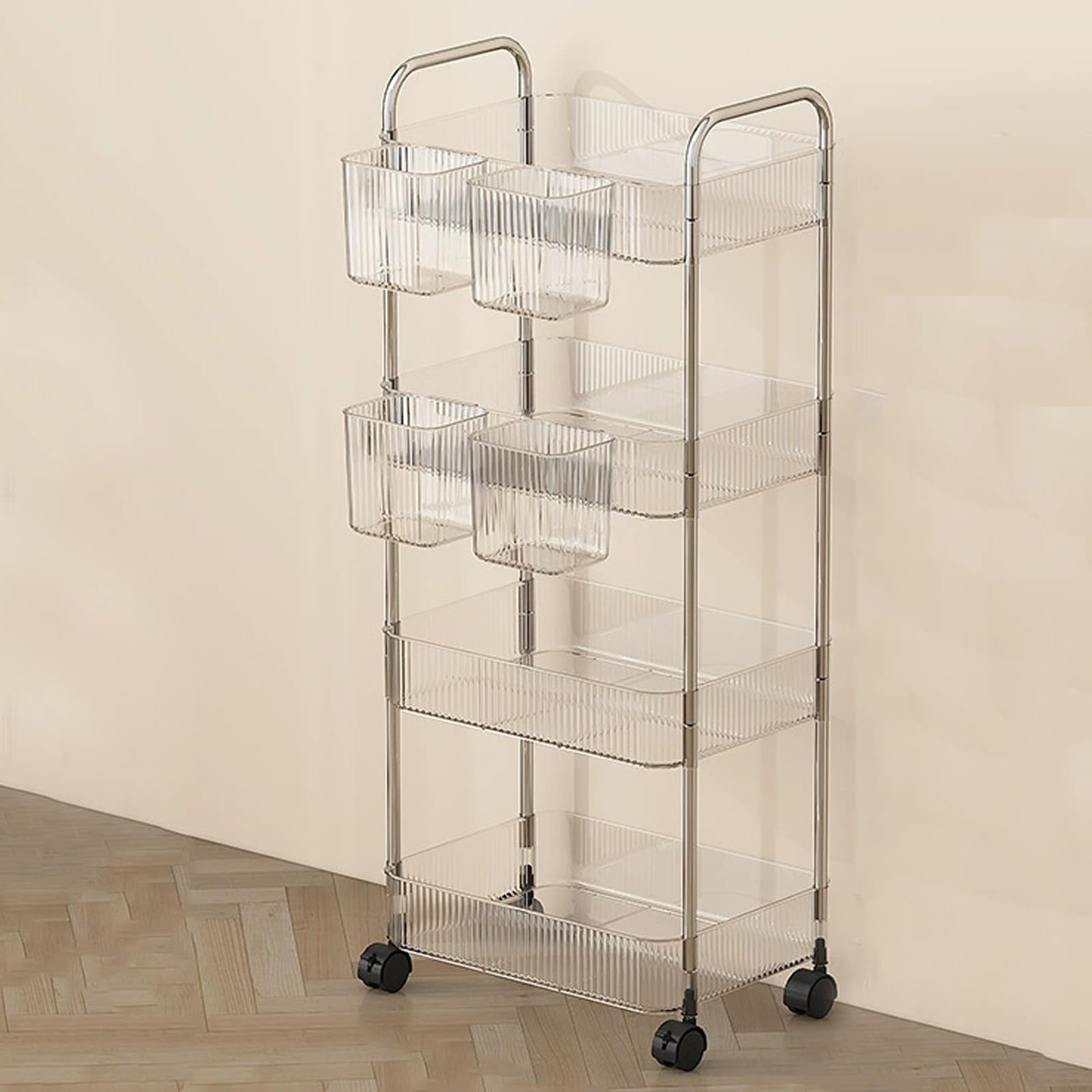 Carrello portaoggetti a 4 ripiani con ruote e cesto sospeso, ripiani mobili per ufficio, bagno, cucina, soluzione di archiviazione