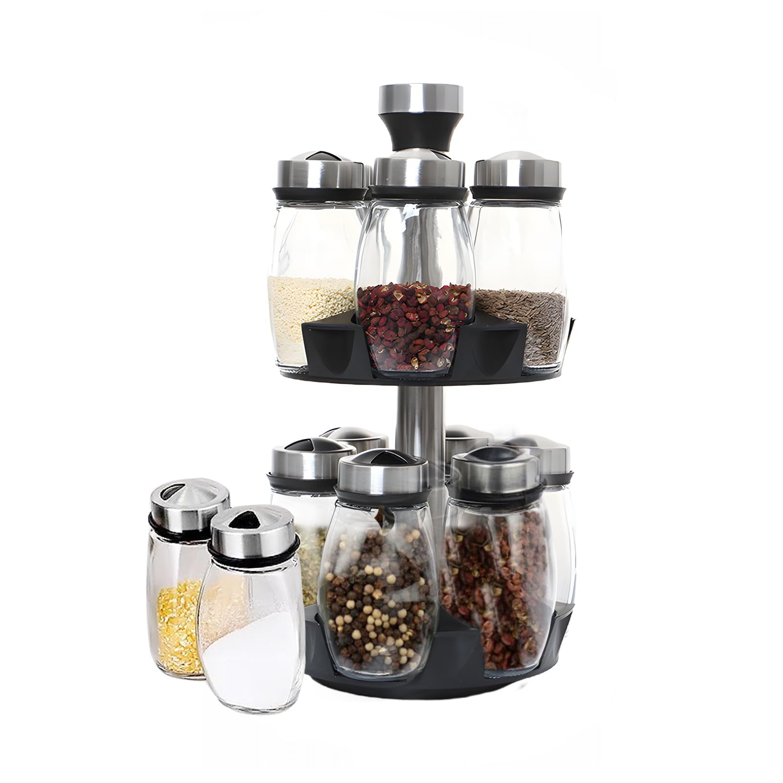 Dyuee Black Revolving Spice Rack Organizer 2-Tier Rotating Carousel 360° Countertop Spice Holder Space-Saving Spinning Shelf With 12 Glass Jars, Storage Tower For Kitchen Spice Herb & Seasoning