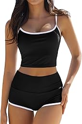 QINSEN Women's Two Piece Swimsuit Spaghetti Strap Crop Top with High Wasited Boyshort Style Bikini Bottom