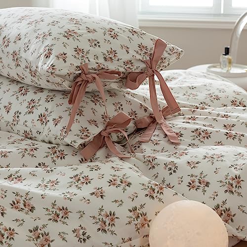VM VOUGEMARKET Peach Flower Bedding Set King Chic Girls Floral Duvet Cover with Zipper Closure 100% Cotton Blush Pink Comforter Cover Set(3 pcs,104x90)